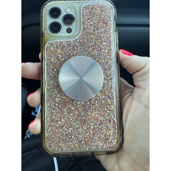 For iPhone 12 Pro PINK GLITTER Shockproof Case Cover Bling + Rose Gold POPSOCKET - Picture 1 of 6